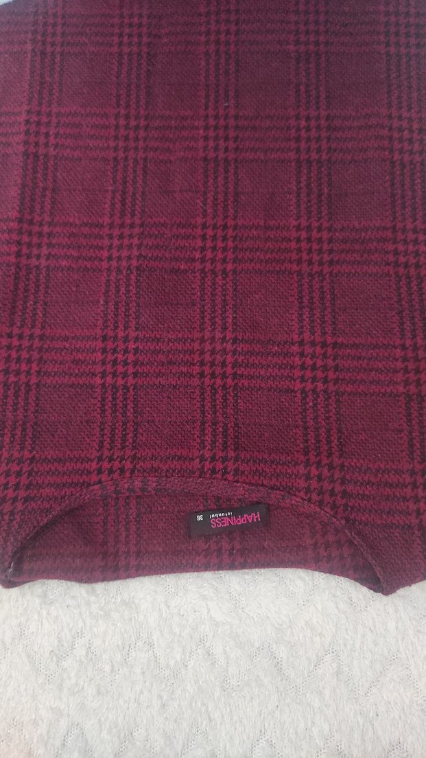 Bordo Ekose Desenli Mini Elbise - Görsel 5