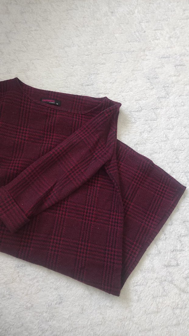 Bordo Ekose Desenli Mini Elbise - Görsel 4