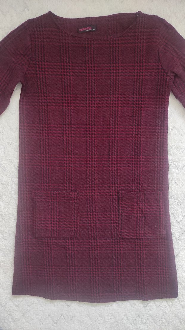 Bordo Ekose Desenli Mini Elbise - Görsel 2