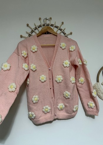 Pembe Çiçekli Örgü Kız Hırka - Görsel 2