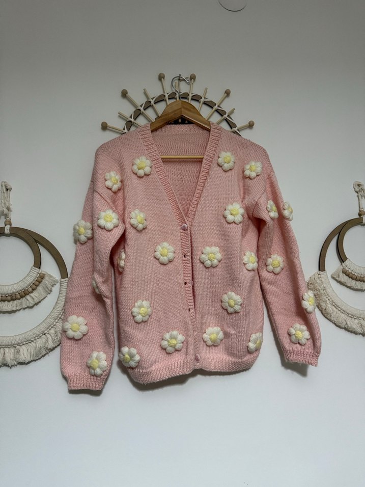 Pembe Çiçekli Örgü Kız Hırka - Görsel 3