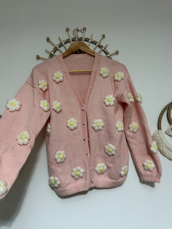 Pembe Çiçekli Örgü Kız Hırka - Görsel 2