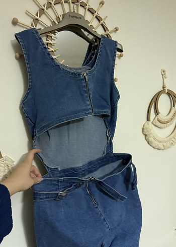 Kadın Lacivert Denim Uzun Tulum - Görsel 3