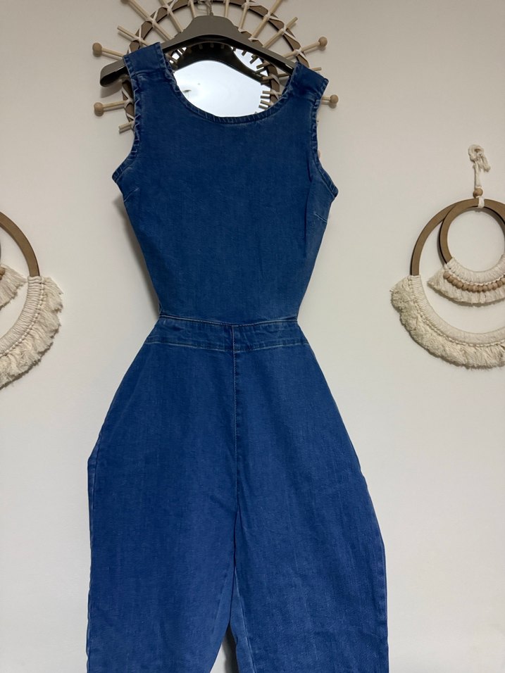 Kadın Lacivert Denim Uzun Tulum - Görsel 2