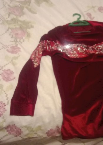 42 Beden Bordo V Yaka Payetli Uzun Kollu Bluz