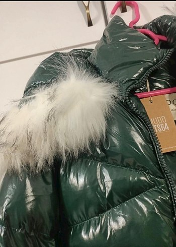 Kürk Detaylı Uzun Parlak Yeşil Kadın Kışlık Mont - Görsel 4