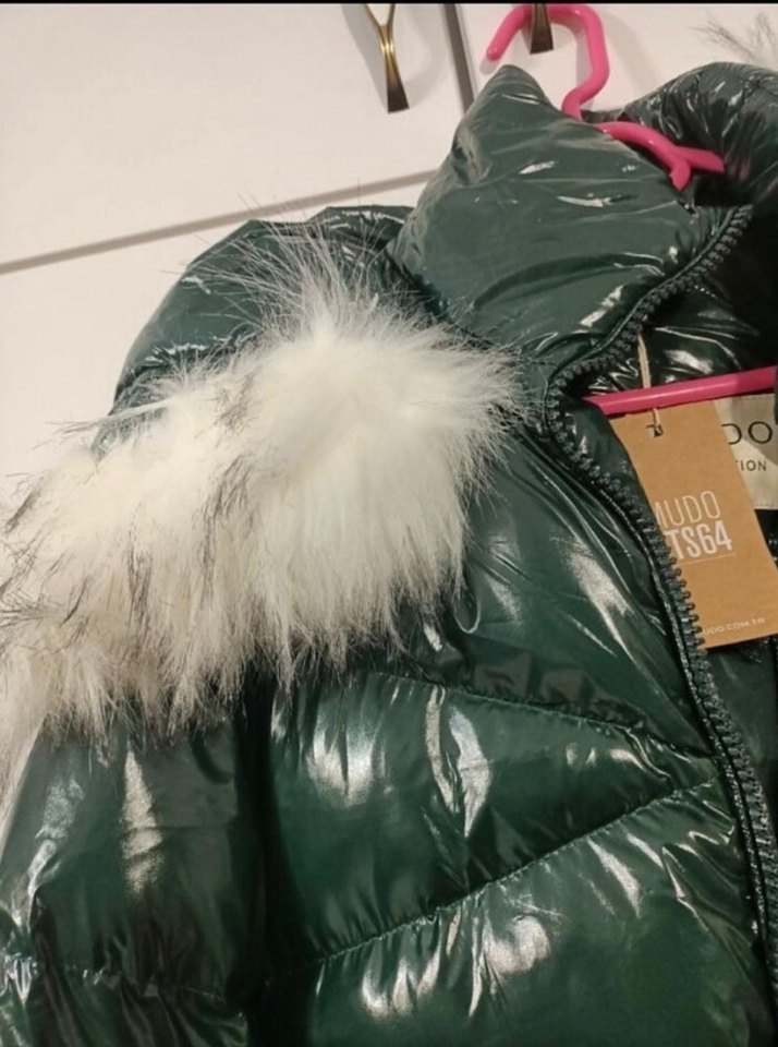 Kürk Detaylı Uzun Parlak Yeşil Kadın Kışlık Mont - Görsel 4