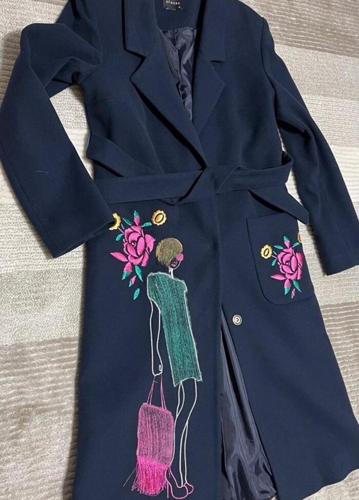 Çiçek Nakışlı Uzun Kadın kaşe kaban - Görsel 2