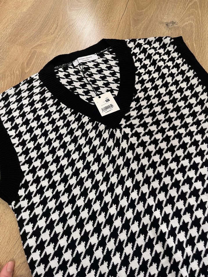 Kadın V Yaka Örgü Süveter Siyah Beyaz - Görsel 3