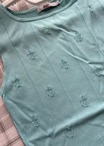 Nakışlı Turkuaz Kadın Kolsuz Triko Bluz - Görsel 3