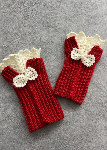 Kırmızı Örgü Kadın Eldiveni Dantel Detaylı - Görsel 2