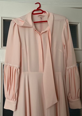 Bej Uzun Kollu Drapeli Kadın Elbise - Görsel 2