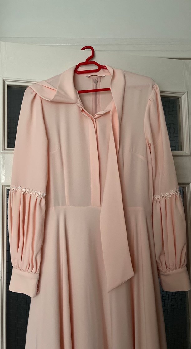 Bej Uzun Kollu Drapeli Kadın Elbise - Görsel 2