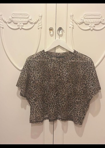 Kahverengi Leopar Desenli Kısa Kollu Bluz - Görsel 2