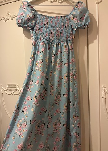 Mavi Çiçek Desenli Uzun Bohem Elbise - Görsel 3