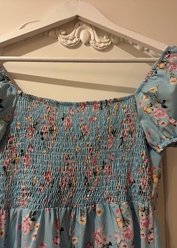 Mavi Çiçek Desenli Uzun Bohem Elbise - Görsel 4