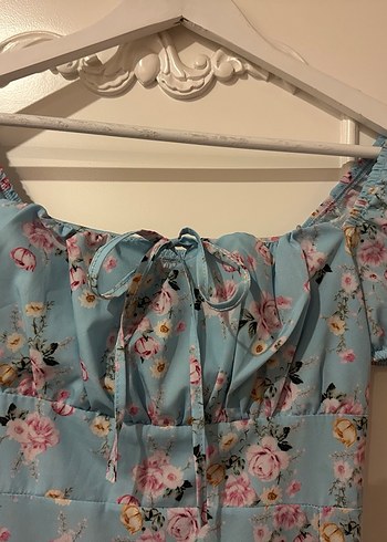 Mavi Çiçek Desenli Uzun Bohem Elbise - Görsel 5