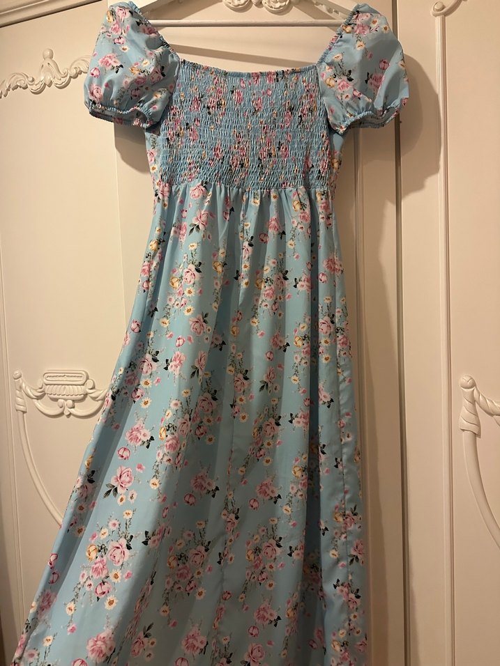 Mavi Çiçek Desenli Uzun Bohem Elbise - Görsel 3