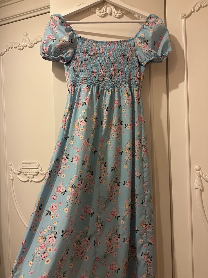 Mavi Çiçek Desenli Uzun Bohem Elbise - Görsel 2