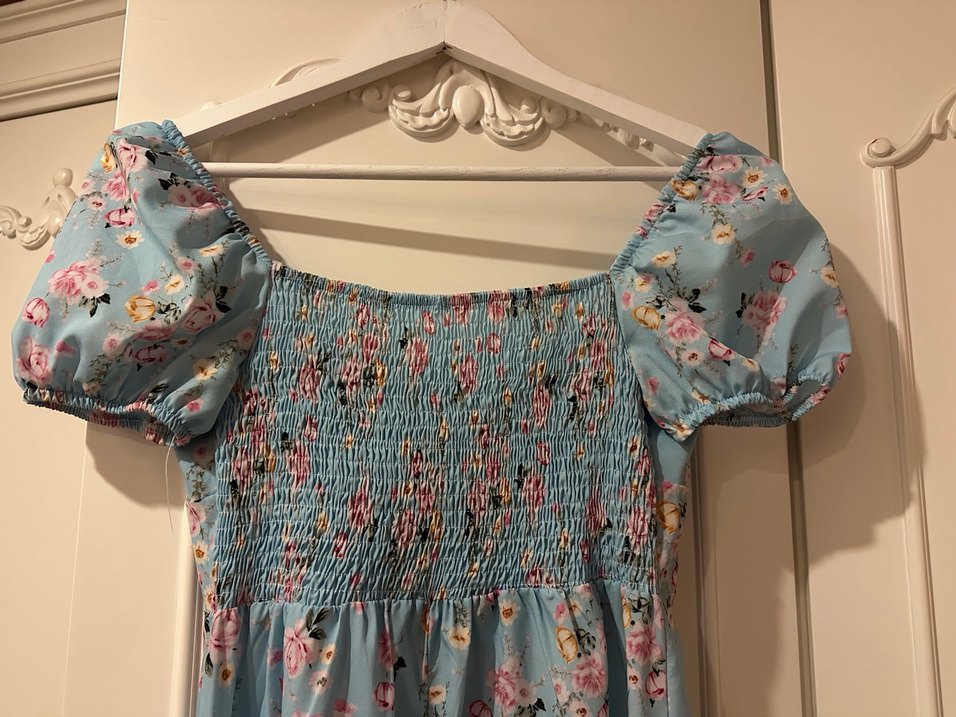 Mavi Çiçek Desenli Uzun Bohem Elbise - Görsel 4