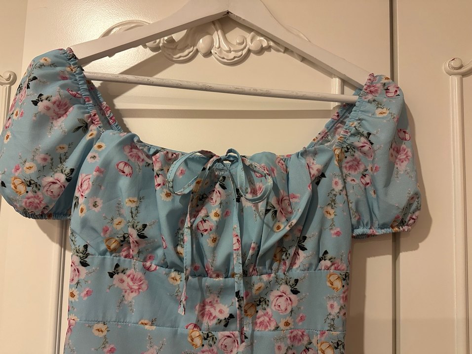 Mavi Çiçek Desenli Uzun Bohem Elbise - Görsel 5