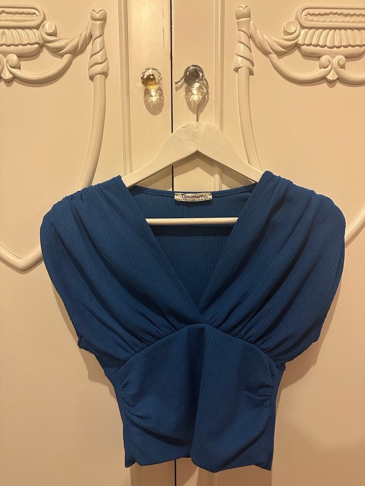 Kadın Mavi Pilili V Yaka Kolsuz Bluz - Görsel 3