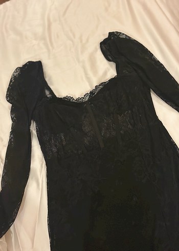 Dantel Detaylı Siyah Uzun Kollu  Elbise - Görsel 4