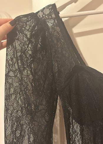 Dantel Detaylı Siyah Uzun Kollu  Elbise - Görsel 9