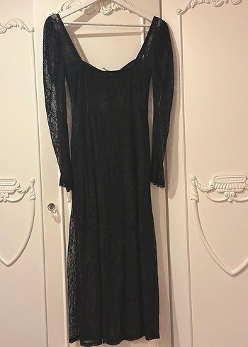 Dantel Detaylı Siyah Uzun Kollu  Elbise - Görsel 7