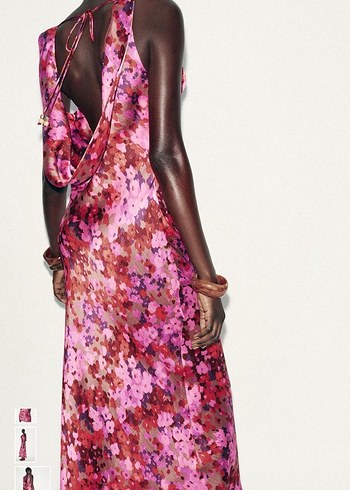 Pembe Desenli Drapeli Uzun Elbise - Görsel 3