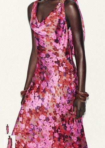 Pembe Desenli Drapeli Uzun Elbise - Görsel 2