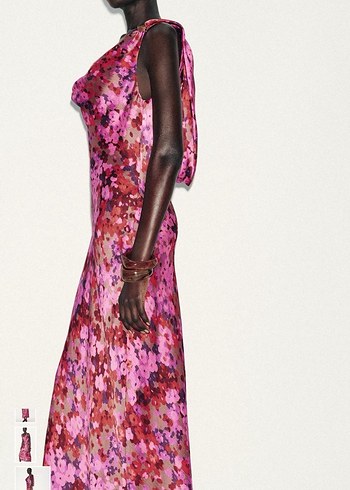 Pembe Desenli Drapeli Uzun Elbise - Görsel 4