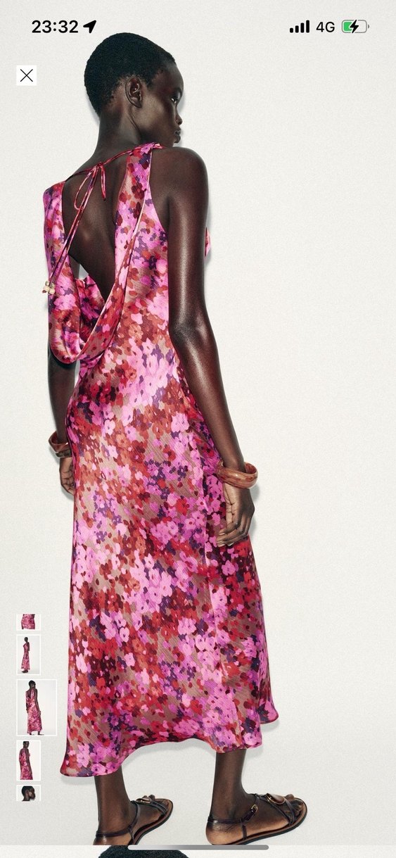 Pembe Desenli Drapeli Uzun Elbise - Görsel 3