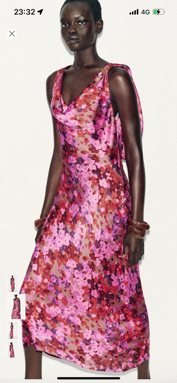 Pembe Desenli Drapeli Uzun Elbise - Görsel 2