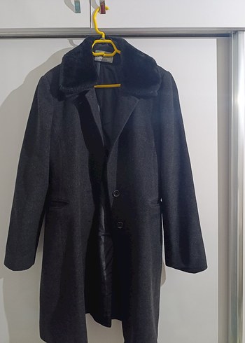 Gri Midi Kadın Kaban, Kürklü Yaka, Normal Kesim - Görsel 3