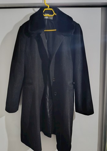 Gri Midi Kadın Kaban, Kürklü Yaka, Normal Kesim - Görsel 2