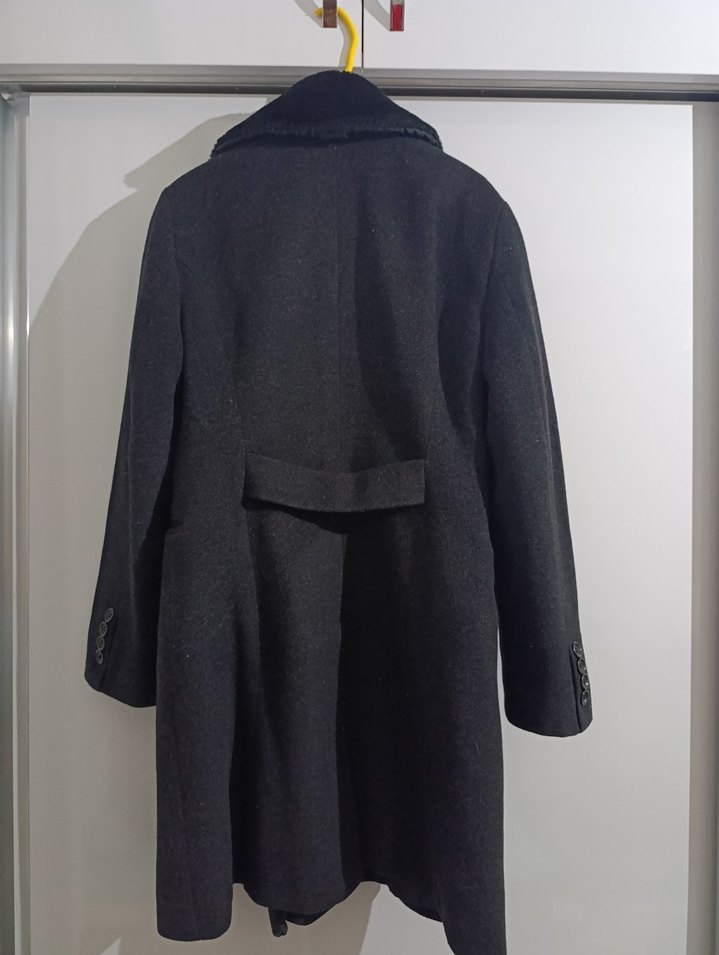 Gri Midi Kadın Kaban, Kürklü Yaka, Normal Kesim - Görsel 4