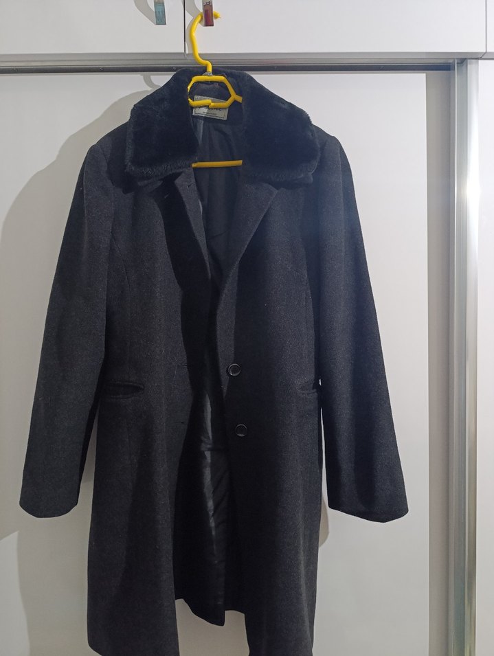 Gri Midi Kadın Kaban, Kürklü Yaka, Normal Kesim - Görsel 3