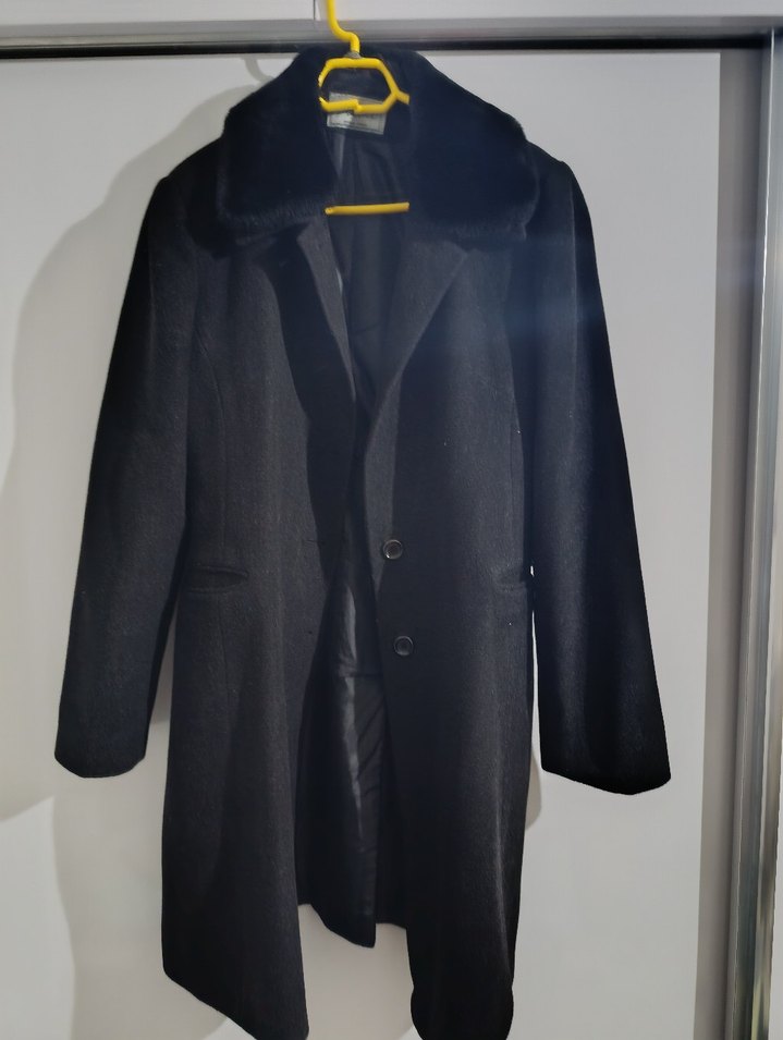 Gri Midi Kadın Kaban, Kürklü Yaka, Normal Kesim - Görsel 2