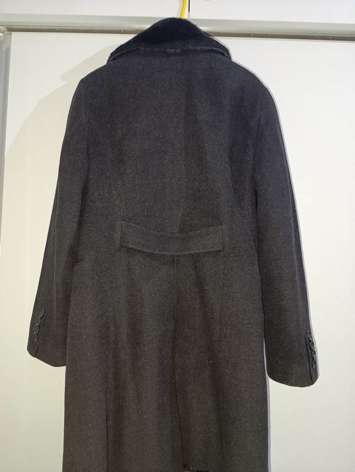 Gri Midi Kadın Kaban, Kürklü Yaka, Normal Kesim - Görsel 5