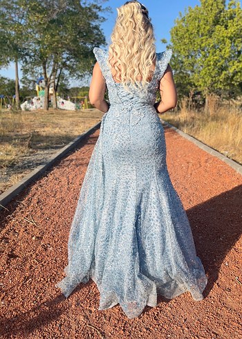 Dantel Detaylı Mavi Bohem Uzun Elbise - Görsel 2