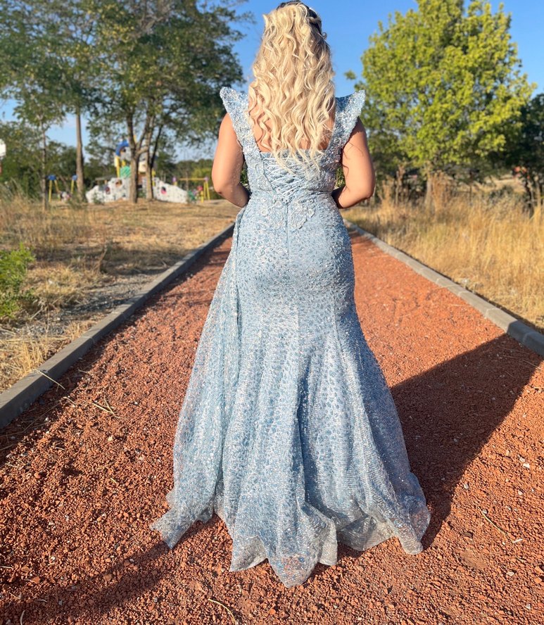 Dantel Detaylı Mavi Bohem Uzun Elbise - Görsel 2