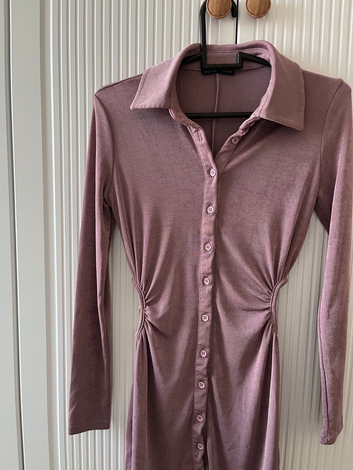 Mor V Yakalı Uzun Kollu Kadın Elbise - Görsel 3