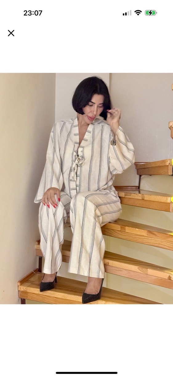 Krem Çizgili Kadın Uzun Takım - Görsel 3