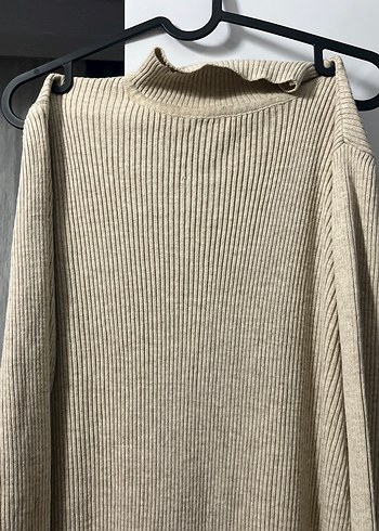 Bej Uzun Kollu Örme Keten Elbise - Görsel 2