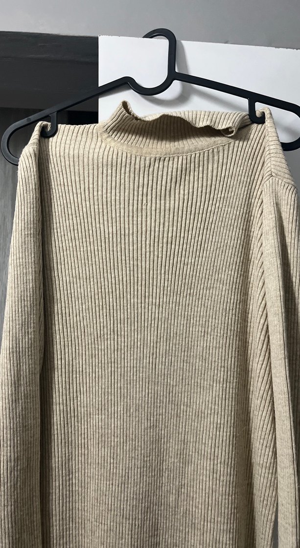 Bej Uzun Kollu Örme Keten Elbise - Görsel 2