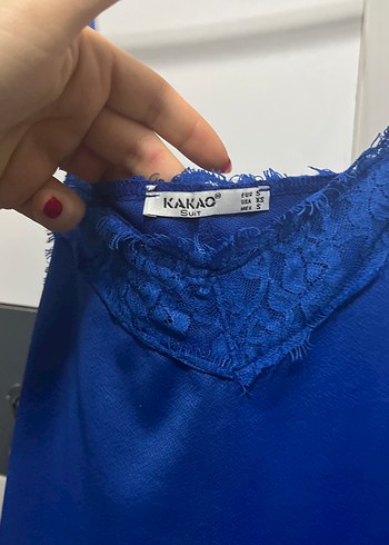 Dantel Detaylı Mavi V Yaka bluz - Görsel 2