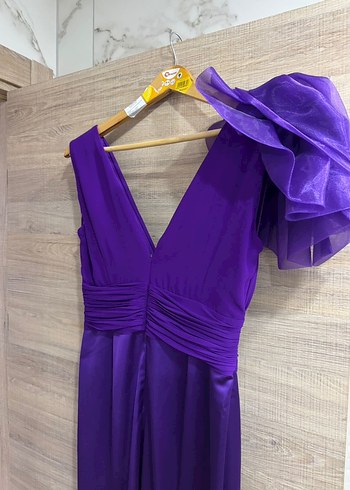 Mor Drapeli V Yaka Uzun Abiye Elbise - Görsel 4