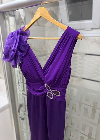 Mor Drapeli V Yaka Uzun Abiye Elbise - Görsel 2