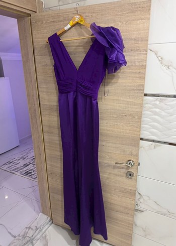 Mor Drapeli V Yaka Uzun Abiye Elbise - Görsel 7